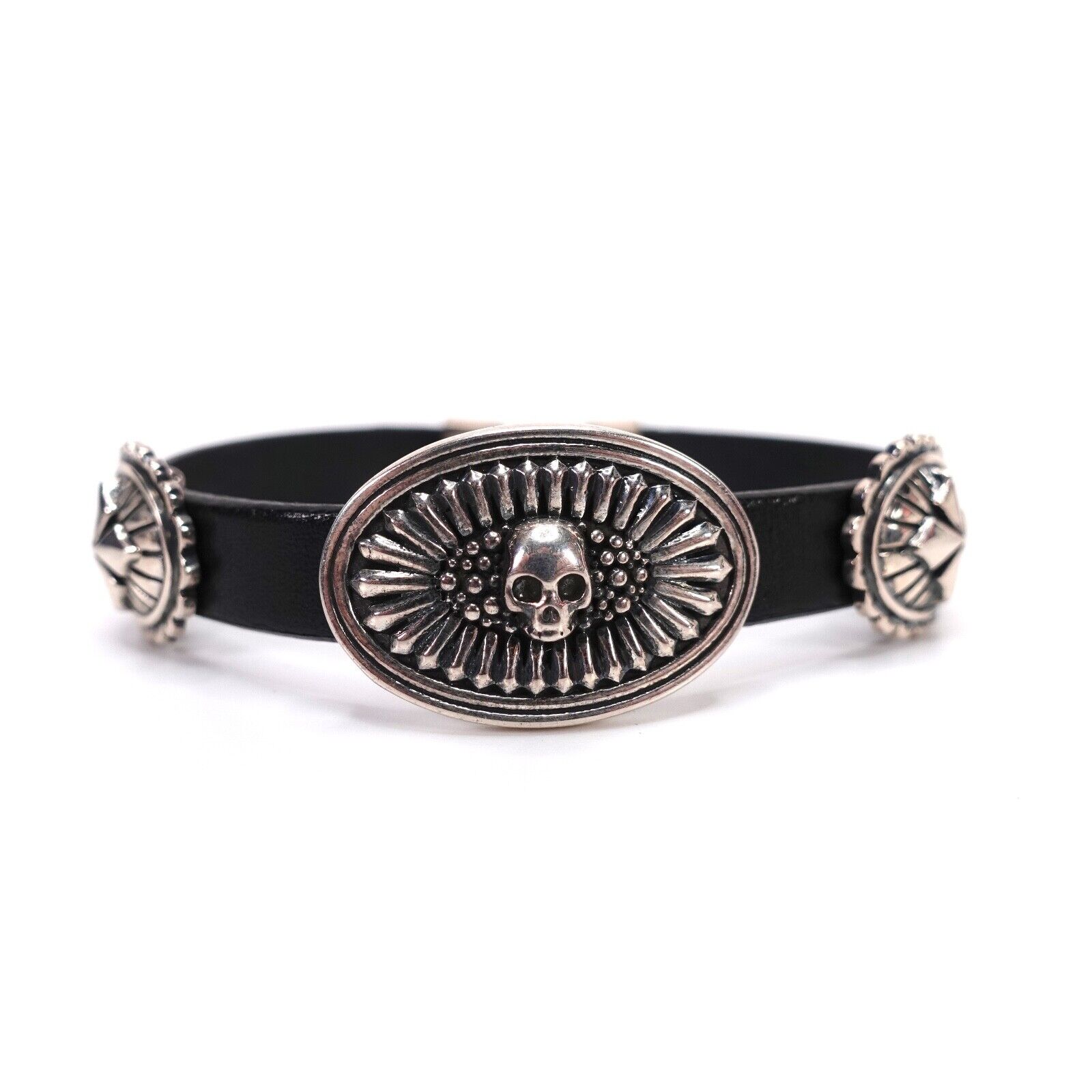 King Baby Skull And Mb Cross Black Leather Bracelet With Hook Clasp 925 Usa 500$